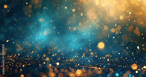 An abstract backdrop featuring dark blue and gold particles  with golden light emitting bokeh on a navy blue background. gold foil texture