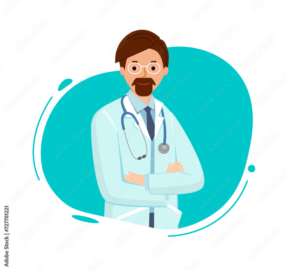 Doctor with glasses On neck of a stethoscope. Doctor is man in green bubble on white background. Vector illustration medic in flat style.