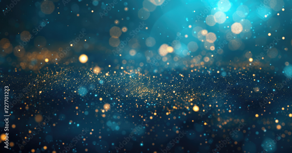 An abstract backdrop featuring dark blue and gold particles, with golden light emitting bokeh on a navy blue background. gold foil texture - obrazy, fototapety, plakaty 