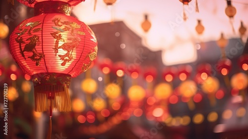 A lamp decorated for the Chinese New Year.  A blurred string of red lamps in the background.