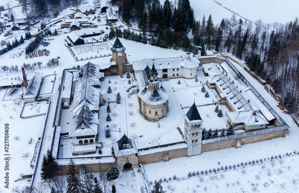 Aerial view of Putna monastery - Romania in winter