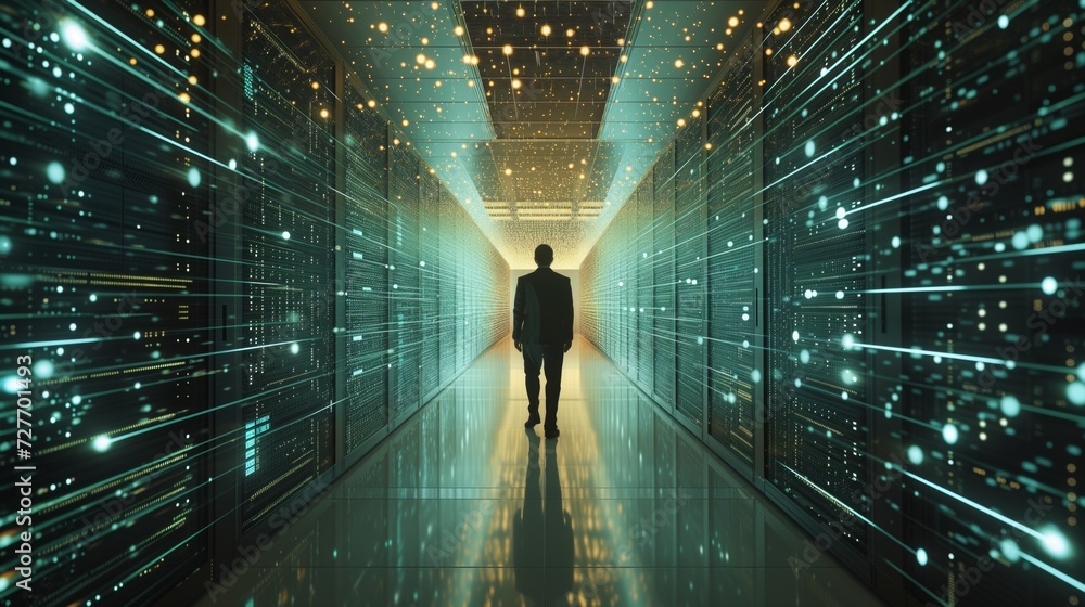 Silhouette of a businessman standing in a data center, symbolizing leadership in technology and innovation
