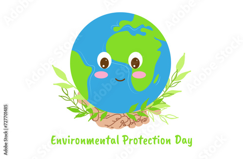 Environmental Protection Day Save the Planet Earth. Cute smiling character in hands. Banner design. Vector illustration.