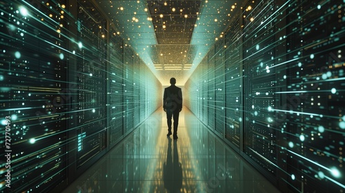 Silhouette of a businessman standing in a data center, symbolizing leadership in technology and innovation © R Studio