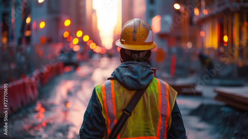 Worker Observing Evening Construction Activities. Construction worker in safety vest and helmet observing urban development activities at dusk.