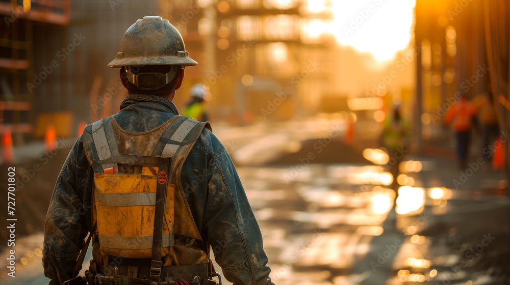 Construction Foreman Overseeing Site at Dusk.
A construction worker in reflective gear overlooks a bustling site at sunset, the golden hour illuminating the scene. Construction Foreman Overseeing Site at Dusk.
A construction worker in reflective gear overlooks a bustling site at sunset, the golden hour illuminating the scene.