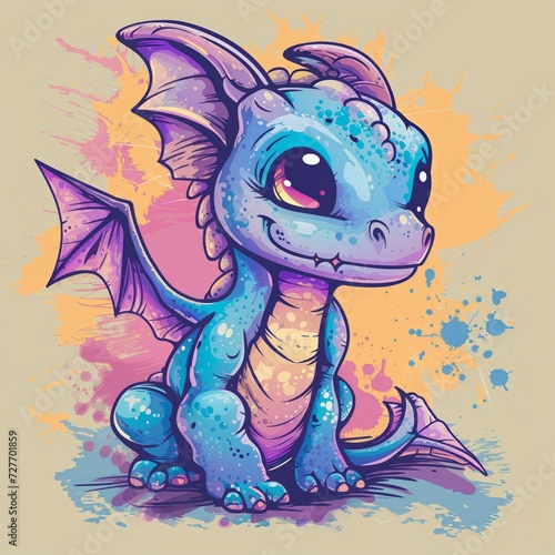 Illustration of a cute little dragon with red eyes and wings. photo