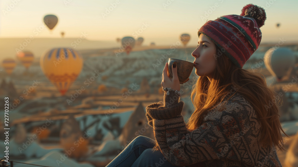 Women drinking coffee early in the morning with hot air balloons in Cappadocia at sunrise
