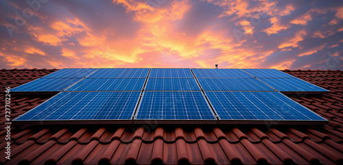 solar panels on roof at sunset, sun energy , green energy