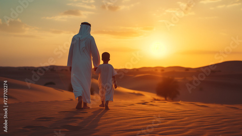 Arab Father and son walking in the desert, Middle-eastern father and son wearing arab traditional kandura spending time in the desert, Dubai, photo