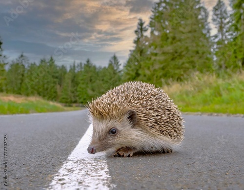 Ce petit hérisson ne veut pas traverser la ligne rouge. photo