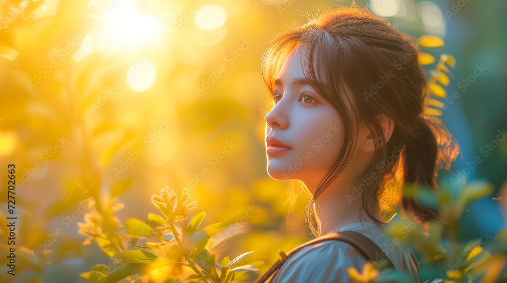 Fototapeta premium young woman in the field of sunflowers at sunset