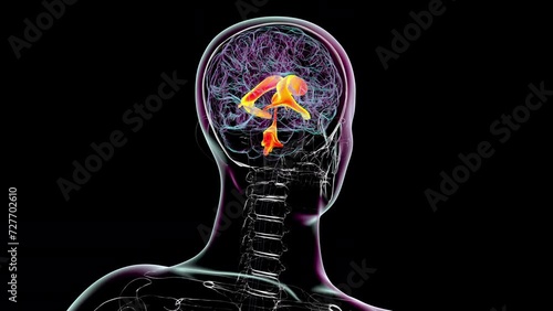 Ventricular system of the brain, 3D animation. The ventricles are cavities in the brain that are filled with cerebrospinal fluid (CSF). photo