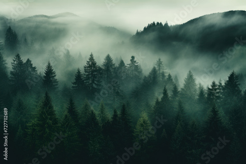 Enchanting Misty Forest  Dark Green Serenity