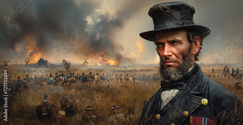 Abraham Lincoln, dressed in black, stands on the edge of a battlefield. His serious look reflects the gravity of the moment as he watches the outcome of the battle. photo
