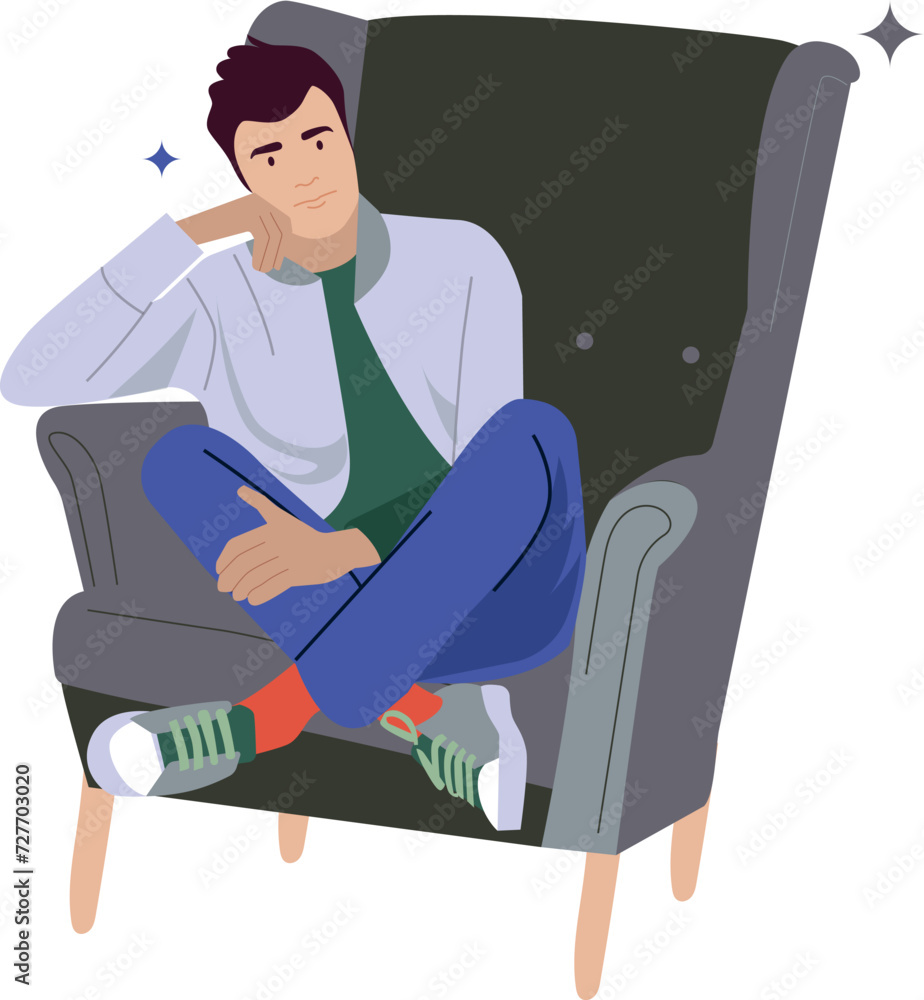 Sad man sitting on chair and thinking. Young relaxed boy at creative work set. Serious cartoon male character resting. Artist, author, blogger. Flat graphic vector illustration isolated