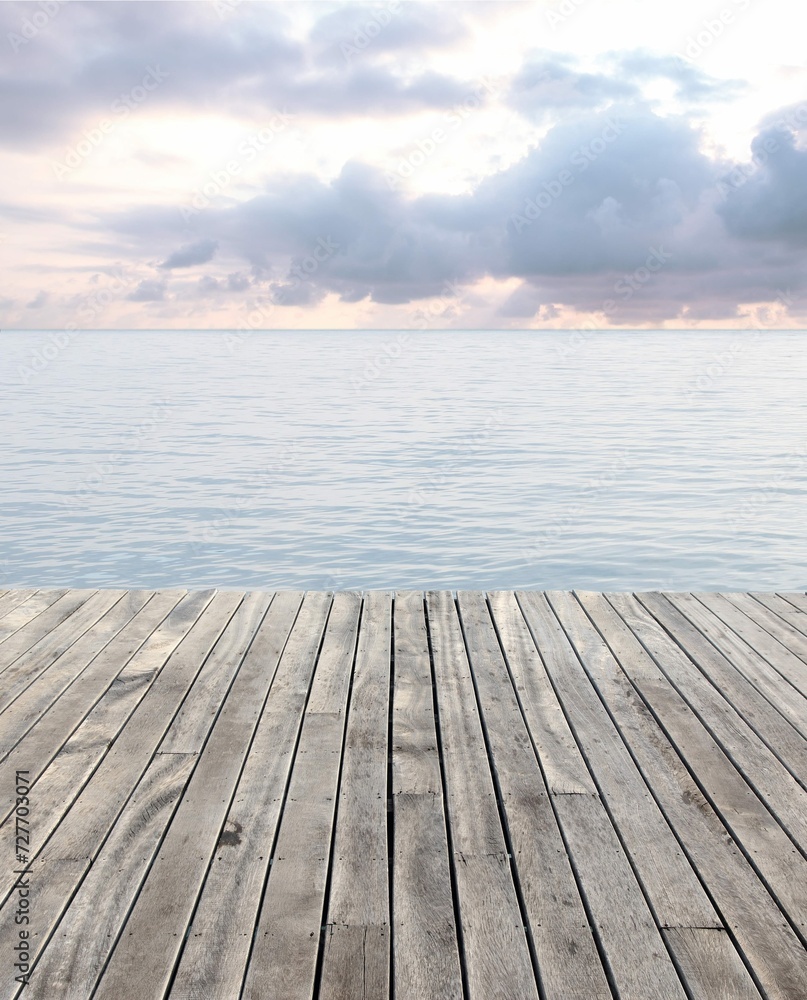 Wooden Floor Blue Sea With Waves Cloudy Sky