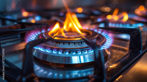 Close-up shot of blue fire from domestic kitchen stovetop. Gas cooker with burning flames of propane gas. Industrial resources and economy concept.