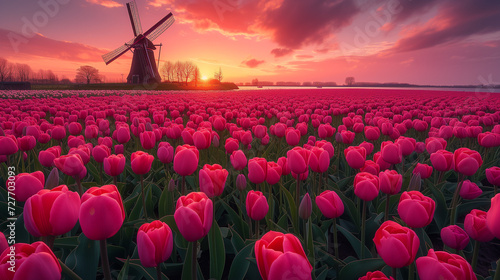 windmill and tulips at sunset in the Netherlands