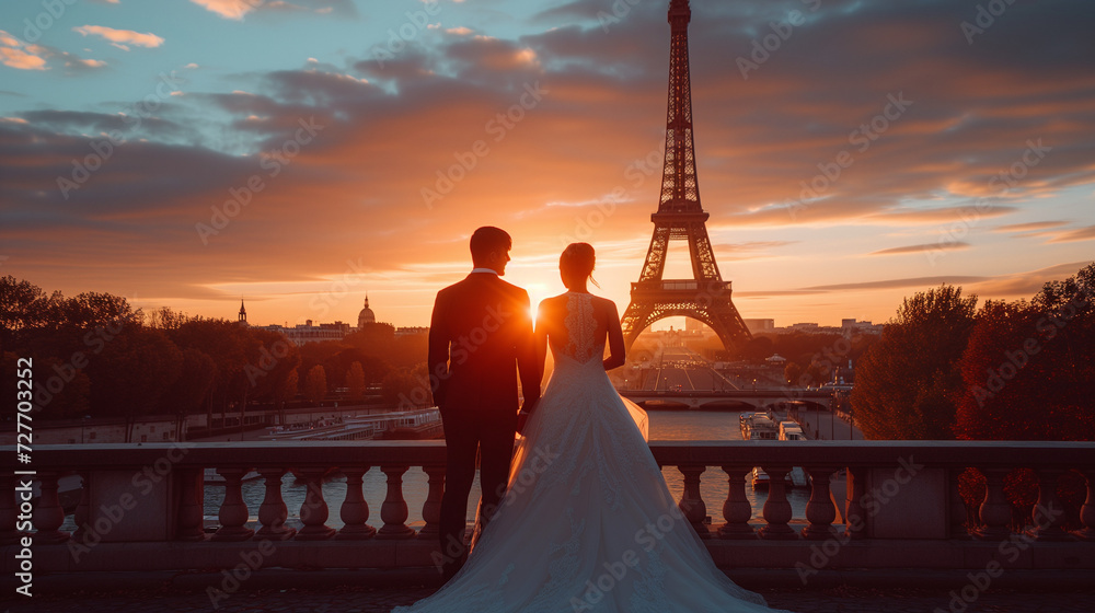 couple in Paris married with wedding dress, woman with wedding dress in Paris at sunset looking at Eiffel tower  - obrazy, fototapety, plakaty 