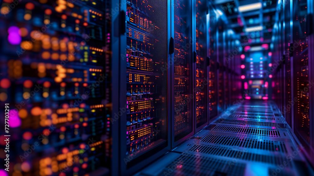 Working Data Center With Rows of Rack Servers. Red Emergency Led Lights