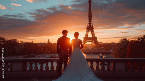 couple in Paris married with wedding dress, woman with wedding dress in Paris at sunset looking at Eiffel tower  photo