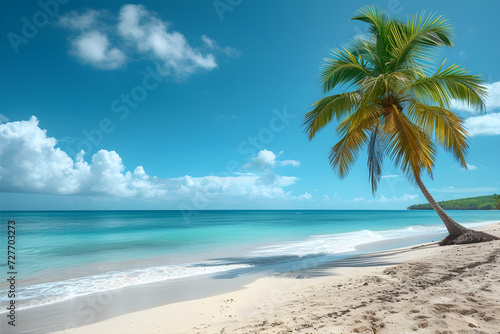a beautiful beach  bright blue sea  sunshine  a palm tree