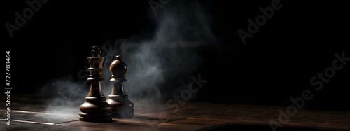 photo of chess pieces with empty space next to them and a dark, smoky background