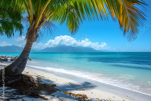 a beautiful beach  bright blue sea  sunshine  a palm tree