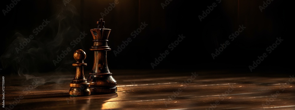 photo of chess pieces with empty space next to them and a dark, smoky background