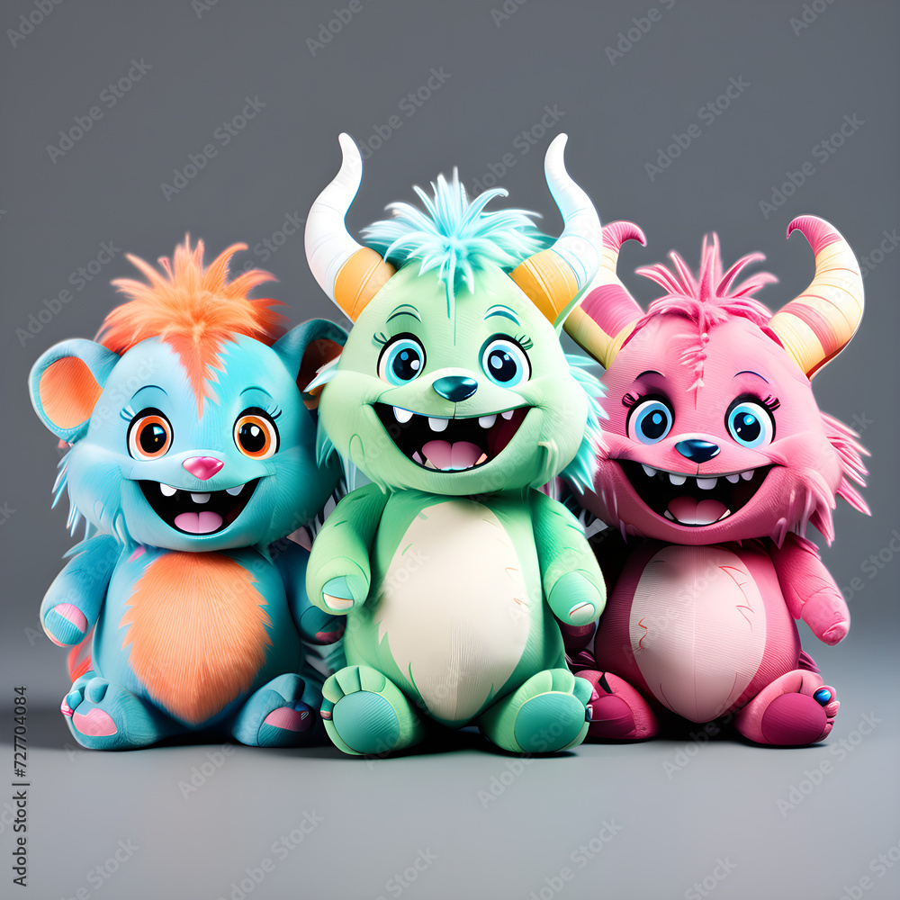 Cutout set of 3 stuffed friendly cute monster beasts plushie stuffed teddy Cutout set of 3 stuffed friendly cute monster beasts plushie stuffed teddy