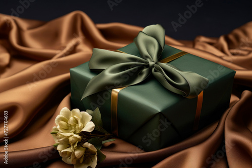 Luxurious green gift tied with satin ribbon with bow on background of brown fabric. Beautiful drapery. Gift for any holiday or celebration: birthday, Valentine's day, women's day, wedding. Copy space