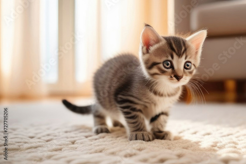 Adorable small gray tabby kitten sitting on light carpet in modern apartment, morning sunlight, close up, copy space, selective focus