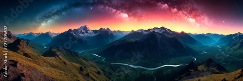 Panoramic view of a mysterious planet with high mountains and beautiful sky