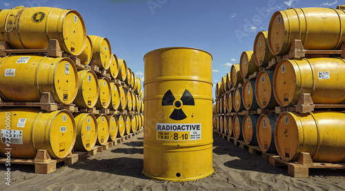Barrels of radioactive waste, symbolizing nuclear power production. Yellow drums are stacked on top of each. Nuclear power manufacturing