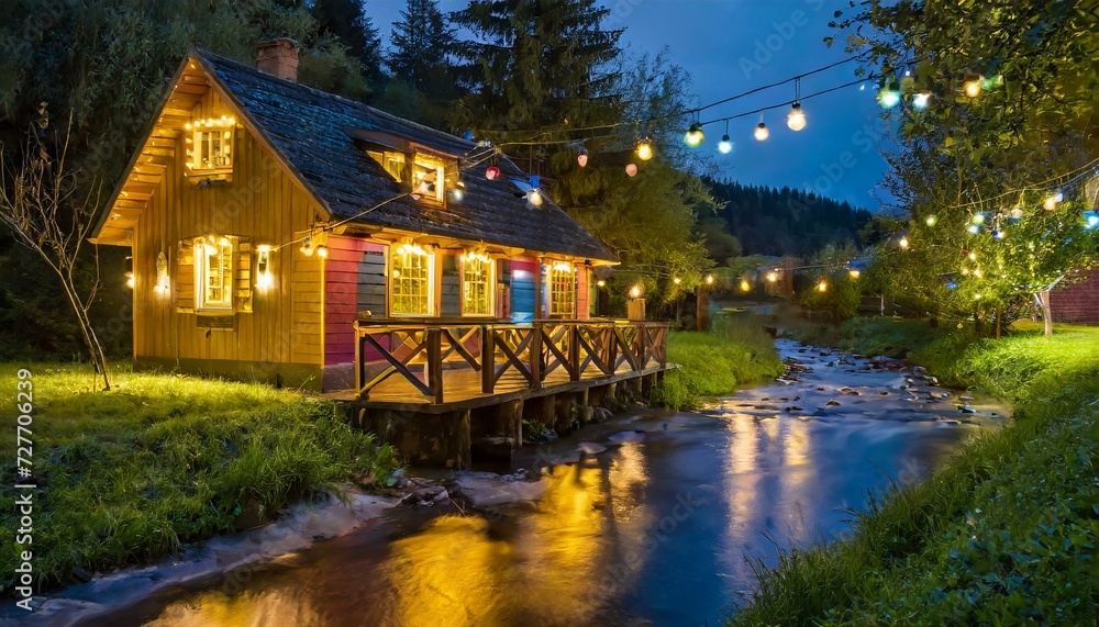 Fototapeta premium Enchanting Waterside Glow: A Colorful House by the Stream Adorned with Warm Lantern Lights