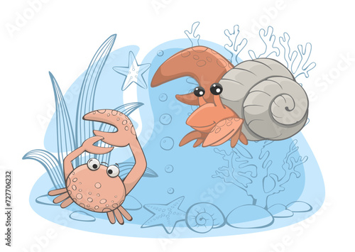 Crab,crayfish, starfish, corals, seaweed, on a blue background, cute marine animals in cartoon vector style. © Natalia
