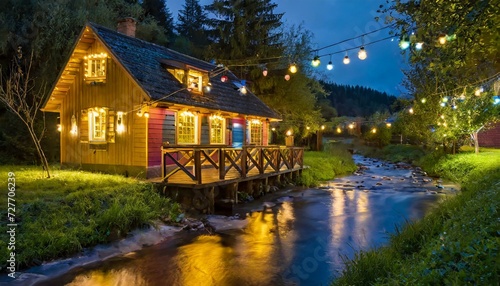 Enchanting Waterside Glow: A Colorful House by the Stream Adorned with Warm Lantern Lights