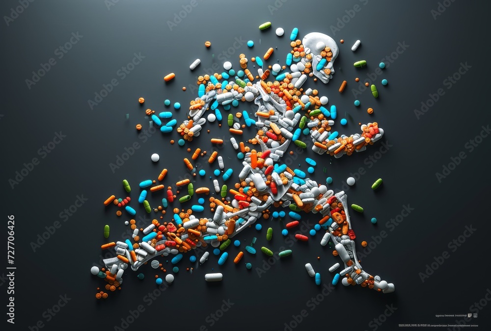 Fototapeta premium A unique creation emerges, a lego person crafted entirely from colorful pills, embodying the beauty and complexity of art and the fragility of the human form