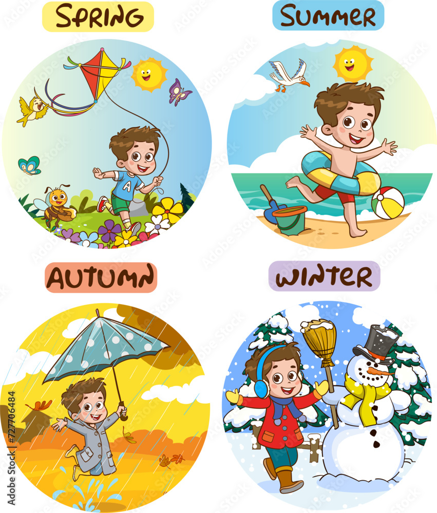 Vector illustration of Four Seasons With Cartoon Kid