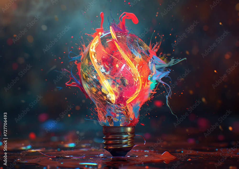 An imaginative light bulb bursts, releasing a burst of vibrant paint ...