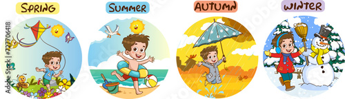 Vector illustration of Four Seasons With Cartoon Kid