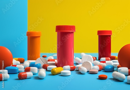 A colorful array of pharmaceutical drugs and medicine bottles represent the complexities and dependence of modern society on prescription medications