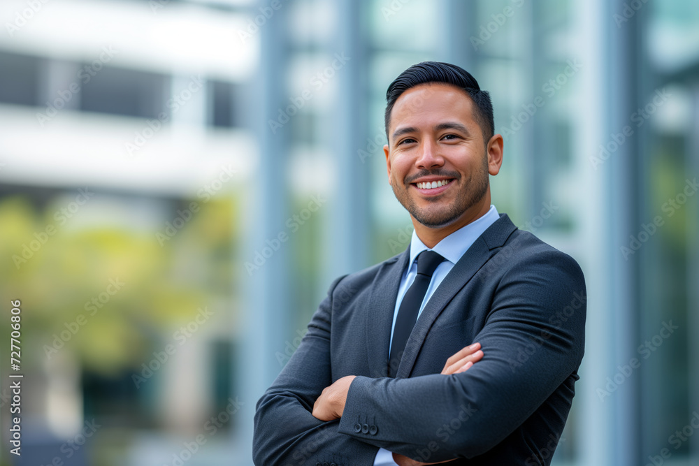 Portrait of smiling successful businessman in modern office building background Portrait of smiling successful businessman in modern office building background