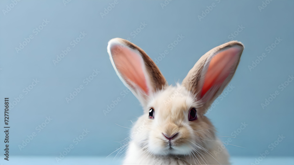 Cute baby rabbit on blue background. minimal Easter card with copy space