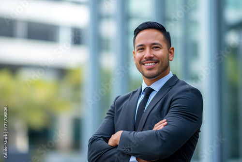 Portrait of smiling successful businessman in modern office building background