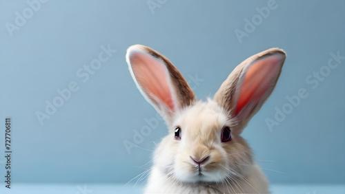 Cute baby rabbit on blue background. minimal Easter card with copy space © Nastya