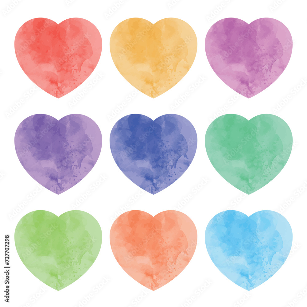 Water colour hearts multiple colours set