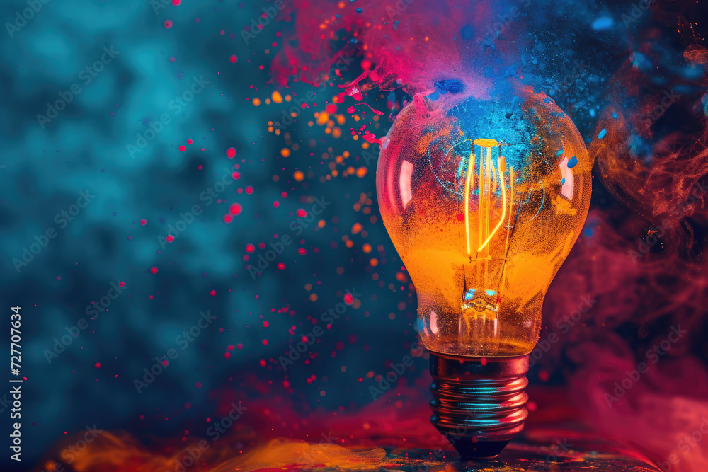 An imaginative light bulb bursts, releasing a burst of vibrant paint splashes against a black backdrop. Embracing the concept of thinking differently and fostering creative ideas - obrazy, fototapety, plakaty 