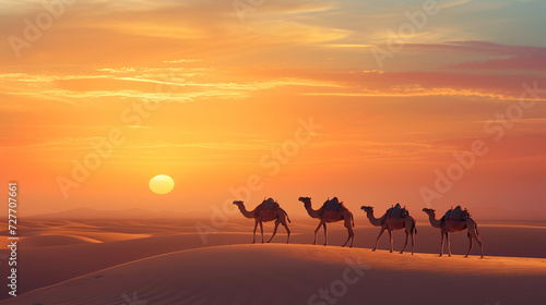 Camels in desert. Beautiful desert landscape banner